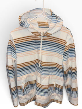O'Neill Hooded Zip Fleece Pullover Striped Cream Blue Brown Size L